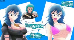 alternate_costume before_and_after blue_eyes blue_hair bra breasts byleth_eisner cleavage dialogue english_text erect_nipples erect_nipples_under_clothes facial_markings femsub fire_emblem fire_emblem_three_houses green_eyes green_hair holding_breasts kyozerozero large_breasts maledom mark_(thetrumark) nintendo open_mouth original possession short_hair smile smirk smug speech_bubble story text