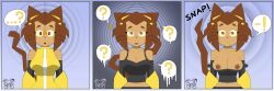 absurdres before_and_after border breasts breasts_outside brown_hair cat_ears cat_girl cat_tail clothed_exposure coin comic confused eyelashes female_only femsub finger_snap furry gameoverse gauntlets goggles_on_head gradient_background heavy_eyelids kit_bodega_(gameoverse) large_breasts nipples pendulum red_eyes sequence shirt_pull short_hair signature slouching sobergin speech_bubble spiral_background spiral_eyes surprised tail tan_skin tank_top text undressing yellow_sclera 