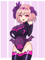  absurdres alternate_costume blush breasts cleavage corruption crop_top crotch_tattoo empty_eyes evil_smile gloves hair_band large_breasts leotard navel opera_gloves owo_(artist) pink_hair princess_connect! princess_connect!_re_dive red_eyes short_hair smirk tattoo thigh_boots thighhighs thighs yui_(princess_connect) 