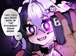  breasts cell_phone choker cleavage collarbone demon_girl dialogue dina_(osiimi) elf_ears english_text femsub hypnotic_app large_breasts looking_at_viewer maledom merryweather multicolored_hair open_mouth original osiimi pov_dom purple_eyes purple_hair shirt speech_bubble symbol_in_eyes white_hair 