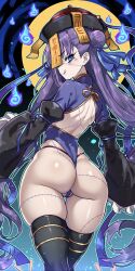  absurdres ass ass_focus blue_eyes clothed_exposure ebora eyelashes fate/extra fate/extra_ccc fate/grand_order fate_(series) female_only femsub jiangshi licking_lips long_hair looking_at_viewer magic meltryllis purple_hair solo talisman text thigh_boots thigh_gap thighs tongue_out undead_girl 