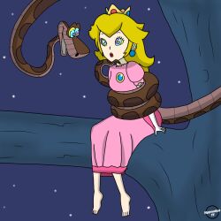 barefoot blonde_hair chin_hold clothed coils crown disney dress earrings expressionless feet femsub forest gloves hypnobot771 hypnotic_eyes kaa kaa_eyes long_hair maledom nintendo open_mouth opera_gloves outdoors princess princess_peach restrained signature sitting smile super_mario_bros. the_jungle_book