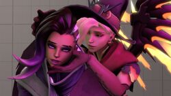  3d animated animated_gif black_hair blonde_hair clothed dazed earrings female_only femdom femsub glowing jewelry mercy mole open_mouth overwatch purple_hair seamless short_hair sombra_(overwatch) source_filmmaker tongue yuri 