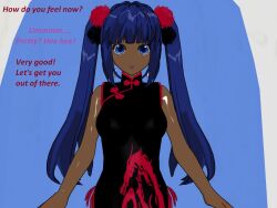 3d bimbofication blue_eyes blue_hair china_dress dark_skin earrings flamekin hair_ornament happy_trance text twintails