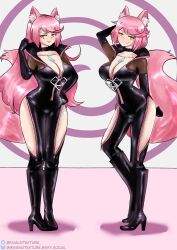  absurdres animal_ears bodysuit boots breasts cleavage fate/grand_order fate_(series) female_only femsub fox_ears fox_girl fox_tail gloves happy_trance high_heels koyanskaya large_breasts latex multiple_girls multiple_subs mythra_(xenoblade) nintendo opera_gloves pink_hair pyra_(xenoblade) short_hair signature simple_background smile spiral_background tail thighs transparenttexture twinning very_long_hair xenoblade_chronicles xenoblade_chronicles_2 yellow_eyes zipper 