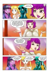  absurdres alien_girl bare_legs blonde_hair blue_eyes blue_skin border bow brown_eyes cleavage closed_eyes comic crossover crown dialogue dress english_text equestria_girls facial_markings femdom femsub freckles green_hair hair_buns happy_trance high_heels horns kimberly_smith_(daveyboysmith9) large_breasts long_hair lum midriff multicolored_hair my_little_pony oni_girl open_mouth opera_gloves original princess purple_eyes purple_hair purple_lipstick purple_skin sailor_moon sailor_moon_(series) short_hair speech_bubble story text twilight_sparkle twintails urusei_yatsura wadevezecha 