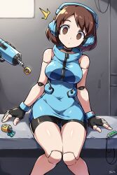  ace_trainer_(pokemon) ai_art bare_legs bare_shoulders brown_eyes brown_hair empty_eyes expressionless fingerless_gloves gloves headphones hoodie nintendo pokemon pokemon_sun_and_moon pokemon_ultra_sun_and_ultra_moon robot robot_girl robotization short_hair shorts stable_diffusion_(ai) tech_control 