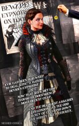 assassin&#039;s_creed belt blue_eyes breasts brown_hair cleavage cleavage_cutout clothed collar complex_background corset cross crossed_eyes dress evie_frye femsub freckles gloves large_breasts lipstick maledom mesmercomics necklace pendulum pocket_watch red_lipstick short_hair signature smile spiral spiral_eyes standing text thigh_boots