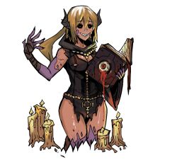black_sclera blonde_hair blood book breasts candle cleavage corruption darkest_dungeon demon_girl evil_smile femsub horns large_breasts monster_girl nightmare_fuel pizza_surgeon robe short_hair smile solo torn_clothes