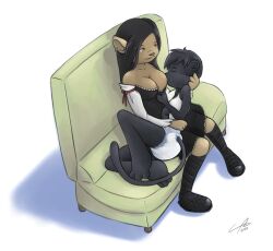 animal_ears black_hair boots breast_feeding breast_sucking breasts cleavage couch diaper dress earrings empty_eyes female_only femdom femsub furry happy_trance jewelry large_breasts long_hair monkey_girl mouse_girl non-human_feet piercing short_hair tail yuri