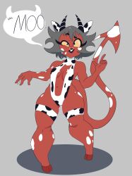  black_eyes clothed cow_girl cow_print demon_girl femsub grey_hair helluva_boss horns lin_(helluva_boss) milf red_skin ring_eyes simple_background sourowl speech_bubble tail text yellow_sclera 