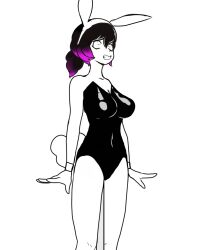  black_hair bracelet breasts bunny_ears bunnysuit empty_eyes faetomi fake_animal_ears female_only femsub jade_(aetheria_jade) large_breasts long_hair multicolored_hair original purple_hair simple_background solo standing standing_at_attention white_background 