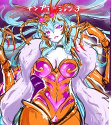  assimilation blue_hair blue_skin breasts corruption eye_color_change female_only femdom femsub fusion glowing_eyes insect japanese_text kkkazuu large_breasts pink_eyes possession red_eyes rocbouquet romancing_saga romancing_saga_2 smile square_enix termite_queen text very_long_hair 