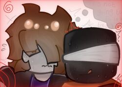  bandage blush brown_hair character_request heavy_eyelids karozxxi roblox short_hair shy smile spiral sweat symbol thought_bubble tongue tongue_out 