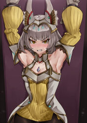 arm_warmers armpits arms_above_head bare_shoulders blush cape cat_ears cat_girl clothed collarbone corruption dress_shirt eyebrows_visible_through_hair facial_markings handcuffs headdress jewelry looking_at_viewer nia_(xenoblade) nintendo perfume restrained silver_hair skirt small_breasts standing sweat tagme thighhighs xenoblade_chronicles xenoblade_chronicles_2 xenoblade_chronicles_3 yellow_eyes yotsuhauni