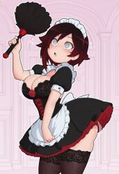  ai_art apron ass black_hair bra breasts confused corset empty_eyes feather_duster female_only femsub grey_eyes lace large_ass large_breasts maid maid_headdress multicolored_hair red_hair ruby_rose rwby short_hair simple_background thighhighs underwear 