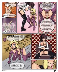 blonde_hair bottomless breasts collar comic empty_eyes fake_animal_ears fake_tail femdom femsub gloves idpet long_hair lucie_(alanwrecked) nude opera_gloves original pet_play pussy pussy_juice sleepy text thighhighs topless trigger