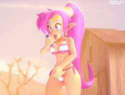  3d animated animated_gif bikini blue_eyes blush breasts cleavage dark_skin dazed earrings elf_ears empty_eyes expressionless female_only femsub flame huge_hips hypnotic_light jewelry large_breasts masturbation open_mouth purple_hair ridley_(artist) shantae shantae_(series) simulated_handjob source_filmmaker tongue tongue_out very_long_hair watermark 
