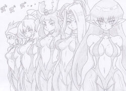  banshou bare_shoulders breasts circlet clothed elf_ears empty_eyes expressionless female_only femsub greyscale harpie_channeler harpie_dancer harpie_lady harpie_perfumer harpie_queen harpy_girl headdress large_breasts long_hair looking_at_viewer monochrome multiple_girls multiple_subs ponytail simple_background standing standing_at_attention traditional white_background yu-gi-oh! 