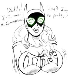 alternate_costume barbara_gordon batgirl batman_(series) breast_expansion cleavage collarbone dc_comics dialogue glowing_eyes large_breasts large_lips long_hair mask polmanning shrunken_irises sketch smile super_hero text white_background