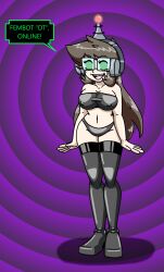  antenna breasts brown_hair chubby deathot_(character) female_only fembot femsub glasses green_eyes happy_trance headphones high_heels latex long_hair original robot robotization spiral_background spiral_eyes standing standing_at_attention supertechno324 swimsuit symbol_in_eyes tech_control text thick_thighs thigh_boots 