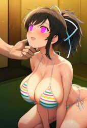 ai_art asuka_(senran_kagura) bikini bikini_bottom bikini_top blush brown_hair chin_hold femsub glowing_eyes hair_ribbon happy_trance kneeling large_ass large_breasts maledom open_mouth pink_eyes ponytail ring_eyes senran_kagura smile spiral_eyes symbol_in_eyes valukore_(generator)
