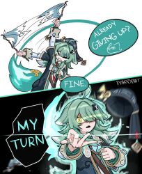 ahoge aura before_and_after black_background dialogue english_text femsub glowing glowing_eyes green_hair hat honkai_star_rail huohuo_(honkai_star_rail) long_hair looking_at_viewer pianobat possession scared sequence slit_pupils speech_bubble tail tail_(honkai_star_rail) tears text white_background yellow_eyes