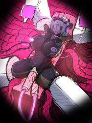 anal bangs blush bodysuit brain_drain cables collar corruption crotch_tattoo double_penetration femsub headband headphones injection nipple_penetration open_mouth pasties restrained short_hair sirogane473 spread_legs tech_control tight_clothing tubes vaginal visor white_hair wires