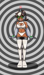  /co/lette absurdres antenna breasts brown_hair cleavage_cutout dark_skin erect_nipples fembot femsub glasses happy_trance headphones hypnotic_accessory large_breasts latex multicolored_hair original ponytail robot robotization short_hair smile spiral_eyes supertechno324 symbol_in_eyes tech_control thighhighs white_hair 