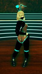  3d ass blonde_hair blue_eyes bodysuit bunny_ears bunny_girl clothed_exposure cuffs cyan_eyes face_mask fake_animal_ears female_only femsub glowing glowing_eyes happy_trance heavy_eyelids honey_select_2 kneeling latex looking_at_viewer looking_back mage_black_vrc original reverse_bunnysuit rubber see-through shoes short_hair solo 