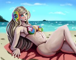  absurdres ann_takamaki ass beach bikini bikini_bottom bikini_top blonde_hair blue_eyes blush breasts expressionless female_only femsub foolycooly headphones hypnotic_accessory lipstick long_hair lying multicolored_eyes nail_polish navel on_back open_mouth persona_(series) persona_5 red_lipstick solo spiral spiral_eyes story symbol_in_eyes tech_control towel 