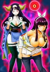 ai_art aura black_hair empty_eyes expressionless facial_markings fairy_tail femsub glowing_eyes headband hellsing002_(generator) hime_cut horns kagura_mikazuchi kimono large_breasts leggings long_hair magic purple_hair ribbon rope seilah skirt tattoo undressing uniform