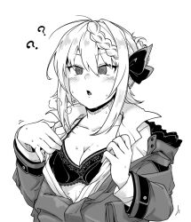 ahoge blush bra braid breasts breath cleavage coat confused crossover death_stranding eyebrows_visible_through_hair female_only femsub fuji_noki greyscale hair_ornament hair_ribbon happy_trance kantai_collection lace large_breasts monochrome open_clothes open_mouth perth_(kancolle) ribbon simple_background solo spiral_eyes sweat symbol_in_eyes underwear undressing unfocused_eyes white_background