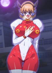  allows_(nun) alternate_costume blonde_hair body_control bodysuit breasts corruption enemy_conversion erect_nipples female_only glowing_eyes hell_teacher_nube hell_teacher_nube:_at_0_a.m._nube_dies!! hypnotic_accessory jester large_breasts large_hips latex miki_hosokawa saluting short_hair smirk solo thigh_boots thighs 