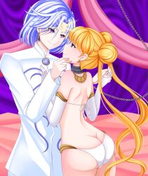  ass bed blonde_hair breasts chains corruption empty_eyes femsub gloves happy_trance harem_outfit leash lingerie long_hair maledom opera_gloves panties prince_demande sailor_moon sailor_moon_(series) shakiechan thighhighs twintails underwear 
