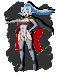  alternate_costume blue_eyes blue_hair breasts cape clair cleavage enemy_conversion female_only gloves hand_on_hip high_heels leotard long_hair nintendo opera_gloves pokemon pokemon_gold_silver_and_crystal ponytail shoulder_pads simple_background solo susuki_hg team_rocket thighhighs 
