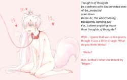 accidental_hypnosis blue_eyes blush bottomless breasts caption collar empty_eyes fake_animal_ears fake_tail femsub long_hair manip nagasawa open_mouth pet_play reyxd.vaxruby_(manipper) ruby_rose rwby scar small_breasts text topless trigger weiss_schnee white_hair