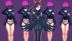 3d ahoge bare_shoulders black_hair blacked bodysuit crotch_tattoo expressionless female_only femsub gloves gradient_background grey_eyes hair_covering_both_eyes halo koikatsu! long_hair looking_at_viewer lsor_koikatu midriff multiple_girls multiple_subs opera_gloves purple_background qos saluting simple_background smile standing standing_at_attention tattoo very_long_hair wings