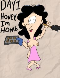 apron baby_blues black_hair breasts happy_trance high_heels hypnovember naked_apron simple_background spiral_eyes stepfordization tcross text wanda_wizowski-macpherson