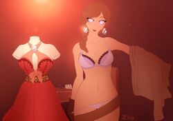  belt cleavage dress earrings femsub gloves jewelry lingerie open_mouth panties pink_eyes red_hair restaurant_to_another_world sarah_gold solo spiral spiral_eyes spiralwash_eyes symbol_in_eyes underwear undressing zko 