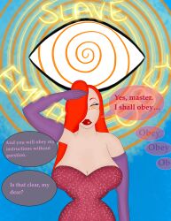 biker_mice_from_mars dress english_text eyemore femsub gloves gotureye huge_breasts huge_hips huge_lips jessica_rabbit red_dress red_hair red_lipstick saluting speech_bubble spiral_background spiral_eyes text who_framed_roger_rabbit