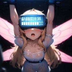  ai_art arms_above_head blonde_hair blush corruption dress drool fairy female_only femsub japanese_text long_hair open_mouth progress_indicator rrnld_(generator) see-through solo sweat tech_control tongue very_long_hair visor wet wet_clothes wings 