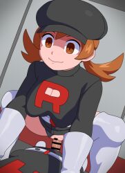  brown_eyes brown_hair cleavage_cutout cowgirl_position enemy_conversion expressionless femsub hat kabeume lyra_(pokemon) nintendo pokemon sex short_hair team_rocket 