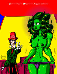 bottomless breasts empty_eyes expressionless femsub green_hair green_skin large_breasts long_hair maledom marvel_comics nipples nude open_mouth ringmaster she-hulk super_hero thegagster topless undressing western