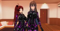  3d blue_eyes bodysuit breasts brown_hair collar corruption custom_maid_3d_2 cyber-sexaroid_(dndniwana3s) dazed empty_eyes erect_nipples erect_nipples_under_clothes female_only femdom femsub happy_trance hidoi_koto_suru_man hypnotic_accessory hypnotized_hypnotist large_breasts latex long_hair multiple_girls multiple_subs open_mouth pink_eyes ponytail red_hair rubber smile tech_control 