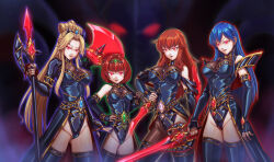 axe bare_shoulders blonde_hair blue_hair breasts corruption elice_(fire_emblem) evil_smile female_only femsub fingerless_gloves fire_emblem fire_emblem_mystery_of_the_emblem gloves glowing glowing_eyes happy_trance jewelry knife large_breasts leebigtree lena_(fire_emblem) long_hair maria_(fire_emblem) nintendo nyna_(fire_emblem) opera_gloves red_eyes red_hair short_hair smile spear sword thighhighs weapon