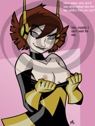  breasts brown_hair collar femsub happy_trance janet_van_dyne manip marvel_comics megasweet open_clothes short_hair spiral_eyes super_hero symbol_in_eyes text the_avengers topless undressing wasp western 
