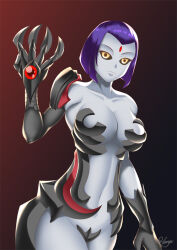 bare_shoulders black_sclera breasts cleavage dc_comics expressionless femsub gradient_background hadant hypnotic_accessory large_breasts midriff navel pale_skin possession purple_hair raven short_hair signature simple_background super_hero teen_titans witchblade witchblade_(series) yellow_eyes