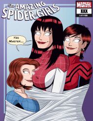  anna-may_parker bondage comic empty_eyes female_only femsub happy_trance head_in_breasts marvel_comics mary_jane_watson may_mayday_parker milf mother_and_daughter polmanning red_hair short_hair spider-girl spider-man_(series) super_hero text whitewash_eyes 