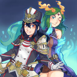 alternate_costume barefoot blue_eyes blue_hair blush brighid_(xenoblade) cosplay crossover femdom femsub fire_emblem fire_emblem_awakening flame frogbians gloves glowing green_eyes green_hair happy_trance hat kid_icarus long_hair lucina m&ograve;rag_ladair midriff nintendo one_eye_open palutena possession super_smash_bros. symbol_in_eyes wink xenoblade_chronicles xenoblade_chronicles_2 yuri